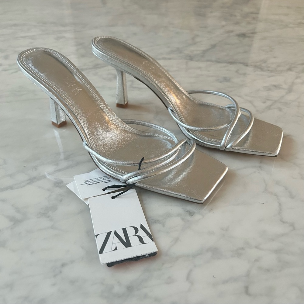 NWT Zara Silver Strappy Kitten Heels, Size 9